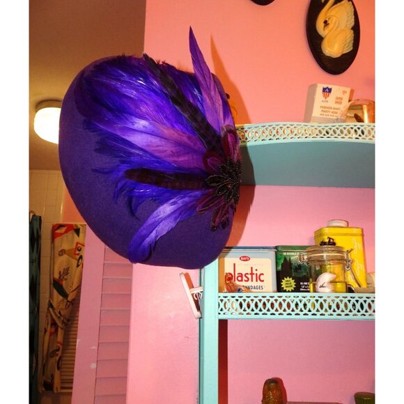 Vintage Mr. Charles Purple Wool Bucket Hat w/ Feathers church hat Kentucky Derby - Picture 9 of 11
